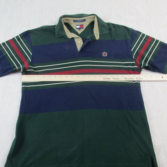 Tommy Hilfiger Polo Shirt Mens Large Green Stripe Golf Performance High Low Slit - Picture 7 of 8